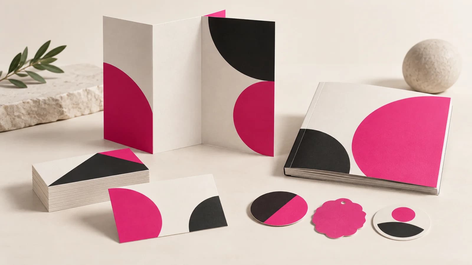 Ilustración conceptual de tarjetas, catálogo, folleto y etiquetas en magenta y negro