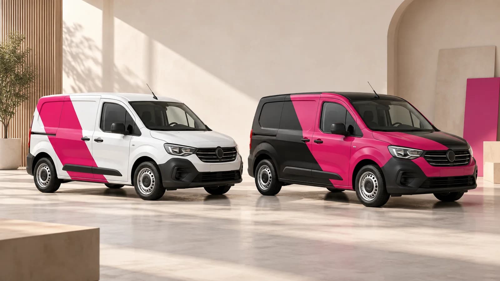 Ilustración conceptual de dos vehículos con rotulación parcial y completa en magenta y negro