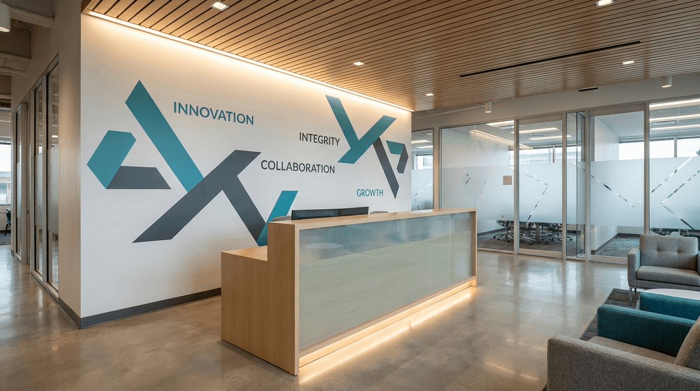 Branding interior de oficinas — gráfica corporativa aplicada en pared